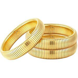 Gold Bangle Set 3 Chunky Stretch 24K Gold 16mm Plated Stainless Steel Wide Stack
